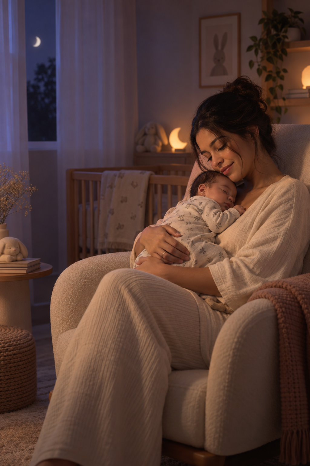Mãe acolhendo seu bebê adormecido em um quarto tranquilo